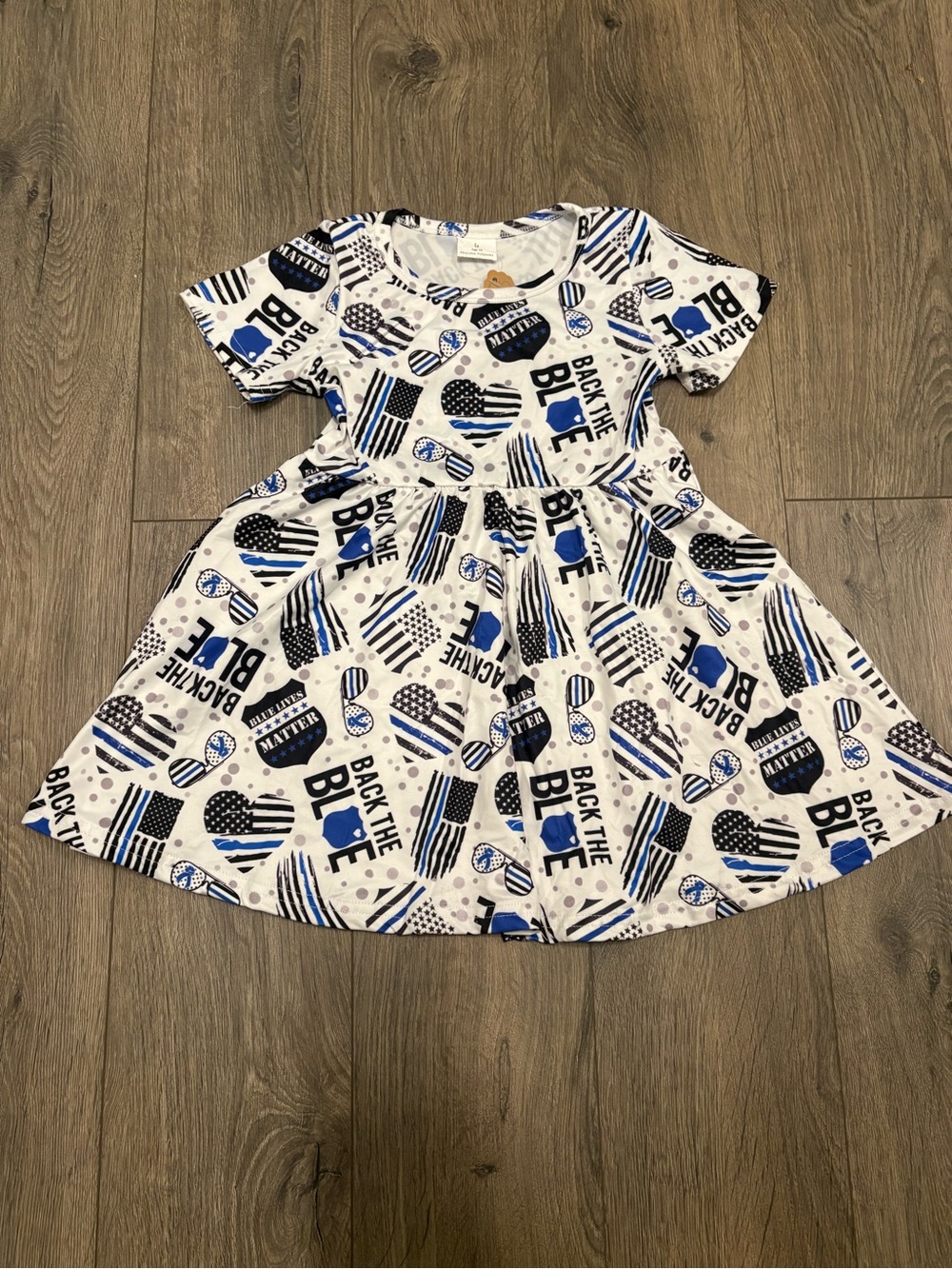 Girls' White Dress with Blue & Black Graphic Print